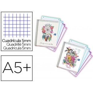 Cuaderno espiral oxford europeanbook tapa extradura din a5+ 120 hojas cuadro 5 mm con margen boho dream	