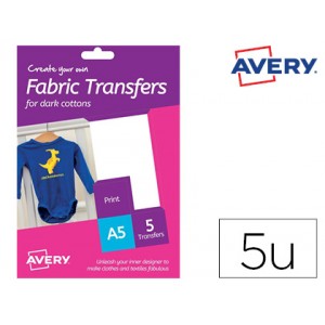 Papel transfer avery para camisetas algodon colores oscuros ink-jet din a5 pack de 5 hojas.